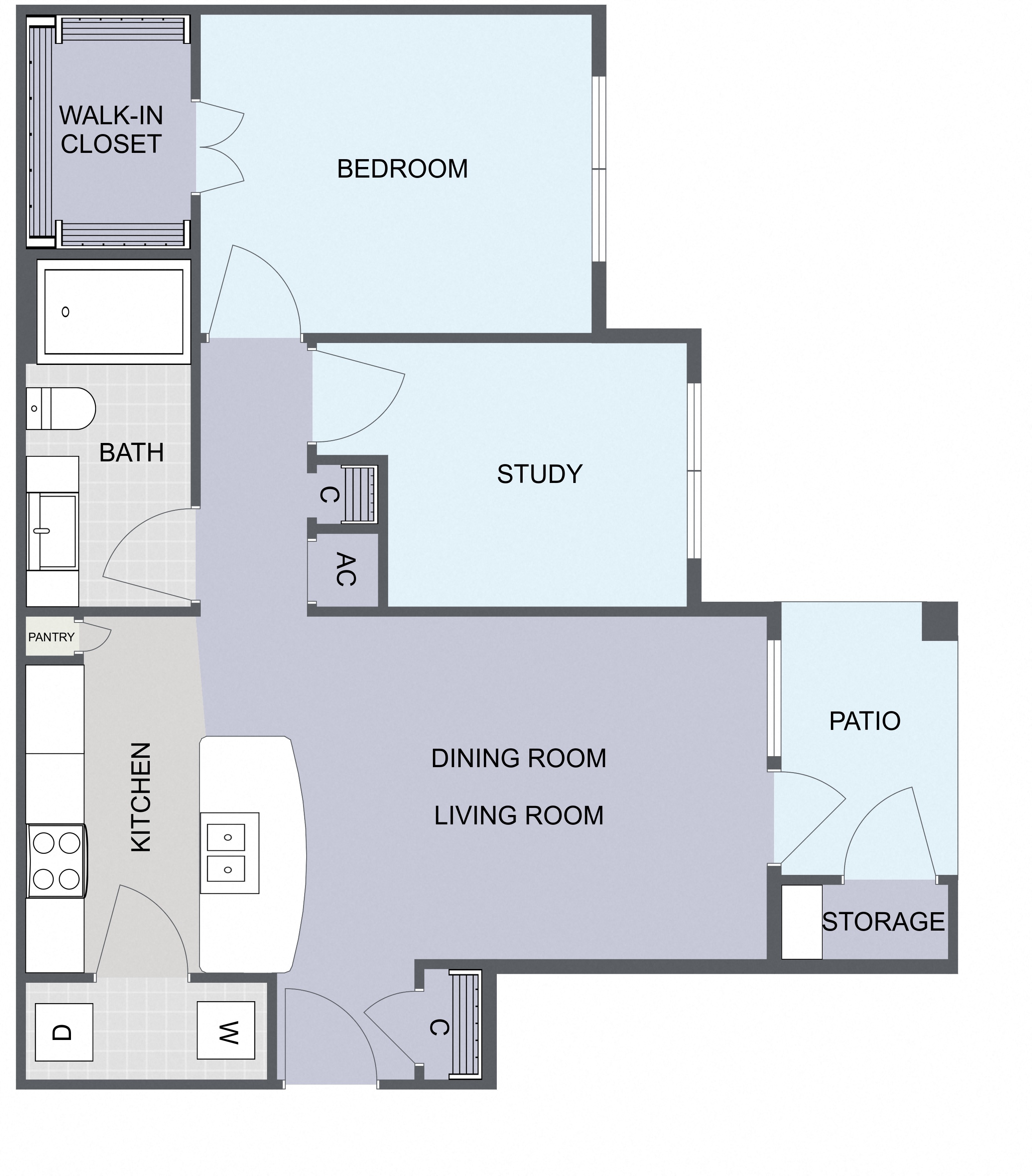 Floor plan for 1 bed, 1 bath, 828 sqft